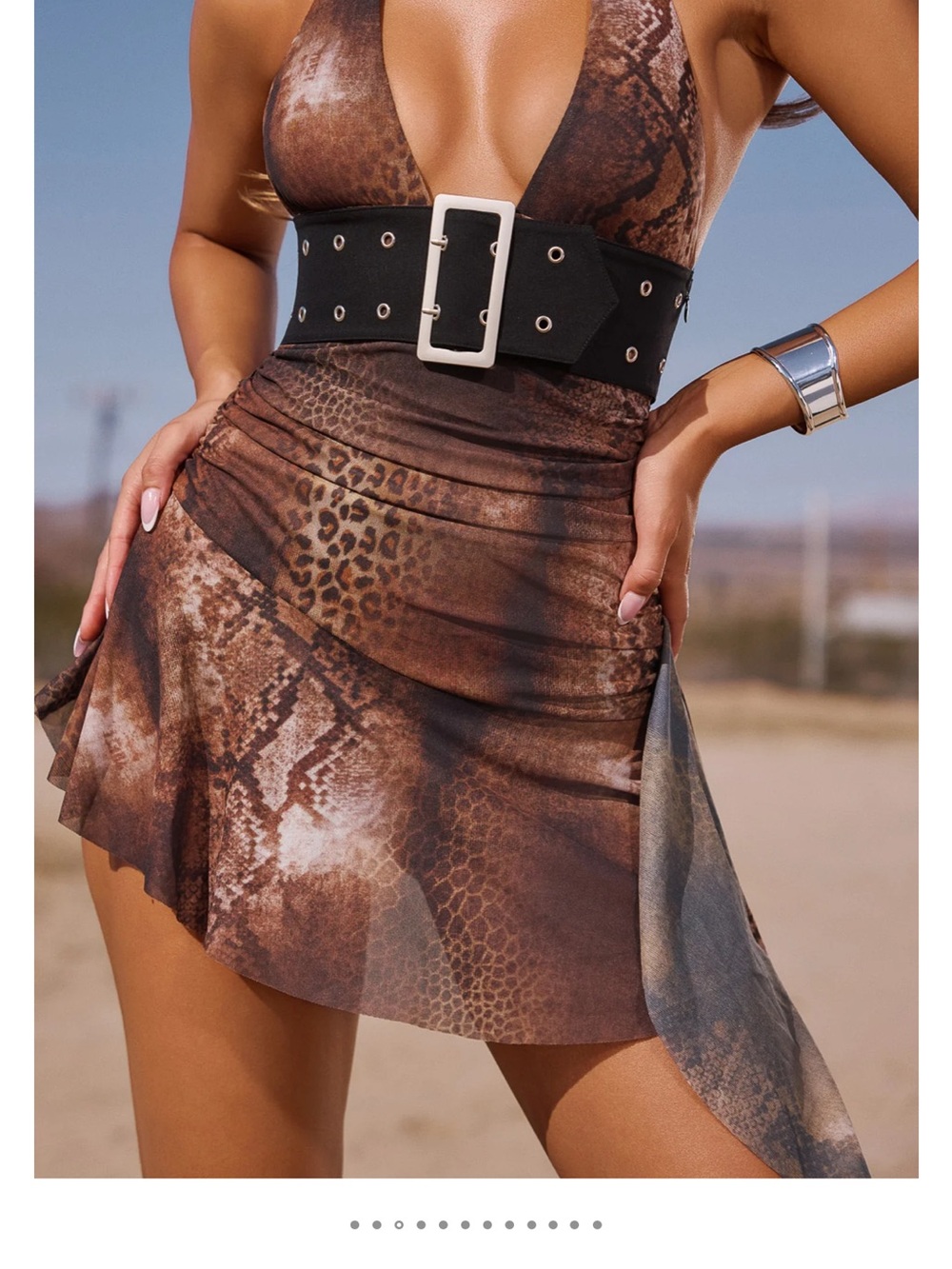 White Fox Boutique Brown Animal Print Halter Mini Dress with Belt